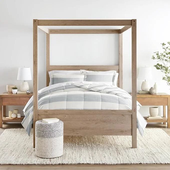 Premium Material LINENS amp HUTCH Comforter Set Patterned Microfiber All Season Down- Ultra Soft Bedding in Distressed Stripe – Full Queen Distressed Stripe Light Blue Selected