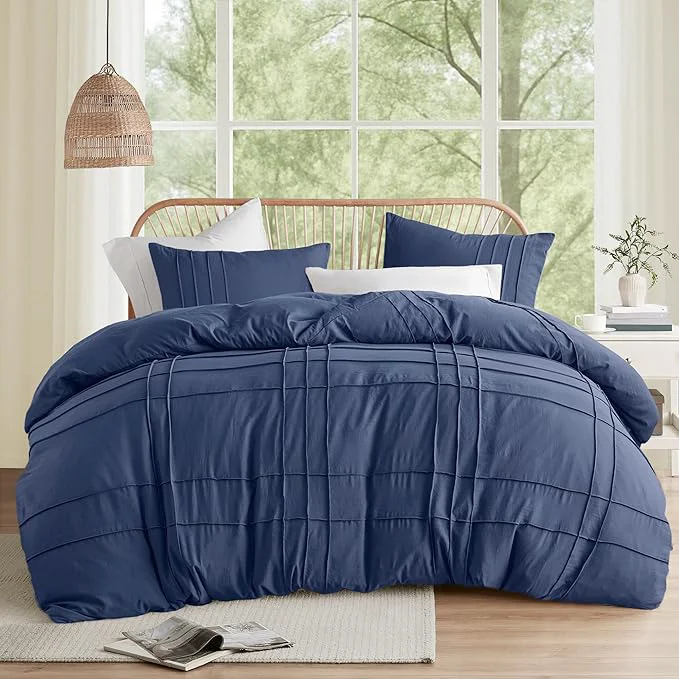 First-Class Comfort Spaces Navy Queen Size Comforter Set – 3 Pieces Pintuck Pleated Bedding Sets All Season Lightweight Extra Softness Pre-Washed Microfiber Queen Bed Set Shams Queen Original