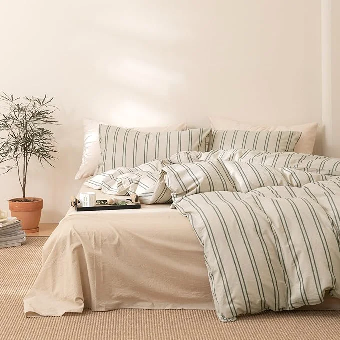 Healthy VM VOUGEMARKET Greyish-Green Striped Comforter Set Queen Modern Comforter with 2 Pillowcases Soft Lightweight Washed Cotton Bedding Set Bed in a Bag Queen Comforter Set for Teens Adults Expertly Made