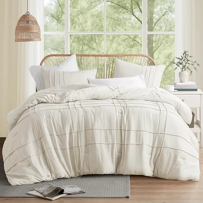 World-Class Comfort Spaces Cream King Size Comforter Set – 3 Pieces Pintuck Pleated Bedding Sets All Season Lightweight Extra Softness Pre-Washed Microfiber King Bed Set Shams Verified