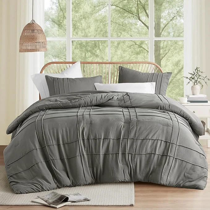 Original Comfort Spaces Grey King Size Comforter Set – 3 Pieces Pintuck Pleated Bedding Sets All Season Lightweight Extra Softness Pre-Washed Microfiber Bed Set Shams Advanced