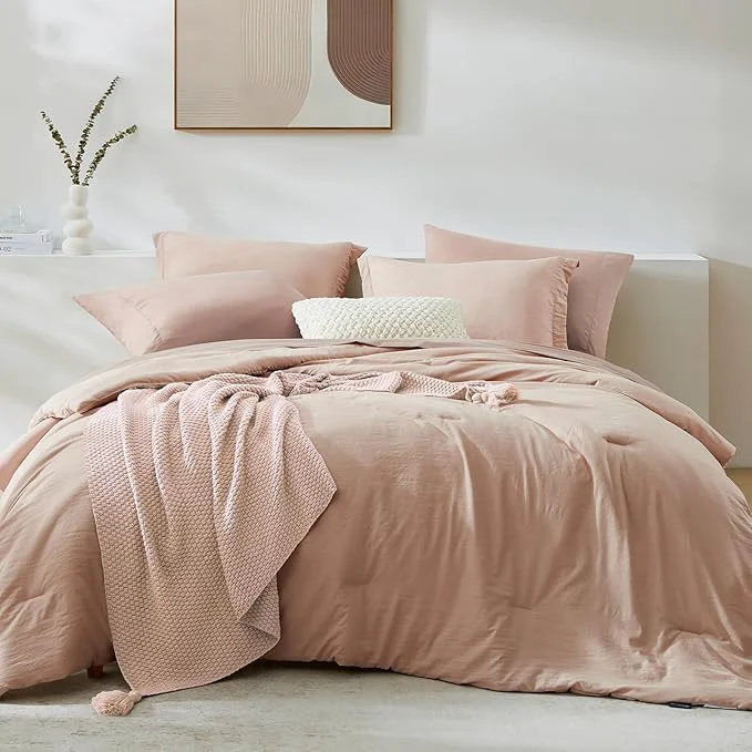 Sophisticated WRENSONGE Queen Comforter Set – 7 Pieces Clay Pink Soft Bed in a Bag Queen with Fitted Sheet Flat Sheet 2 Pillow Shams and 2 Pillowcases- Warm Bedding Sets for All Season High-Performance