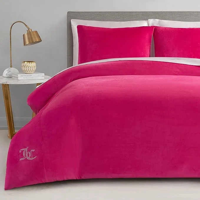 Solid Juicy Couture Hot Pink Velour King Comforter Set – 3 Piece Luxury Bedding Ensemble Crafted
