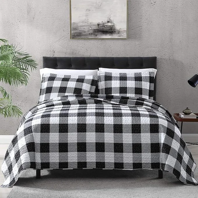 Eco-Friendly EXQ Home Quilt Set Twin Size 2 Piece Lightweight Microfiber Coverlet Modern Style Black and White Squares Pattern Bedspread Set 1 Quilt 1 Pillow Sham Long-Lasting