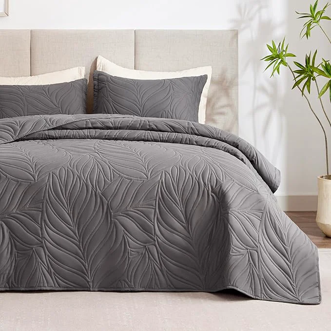 Fine Crafted EXQ Home Quilt Set Full Queen Size Grey 3 Piece Lightweight Soft Coverlet Modern Style Leaf Pattern Bedspread Set 1 Quilt 2 Pillow Shams Outstanding