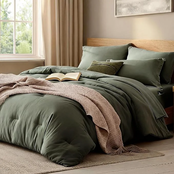 Stylish WRENSONGE King Size Comforter Set- 7 Pieces Soft Olive Green Bed in a Bag King with Fitted Sheet Flat Sheet 2 Pillow Shams and 2 Pillowcases-Warm King Bedding Set for All Season Fashionable