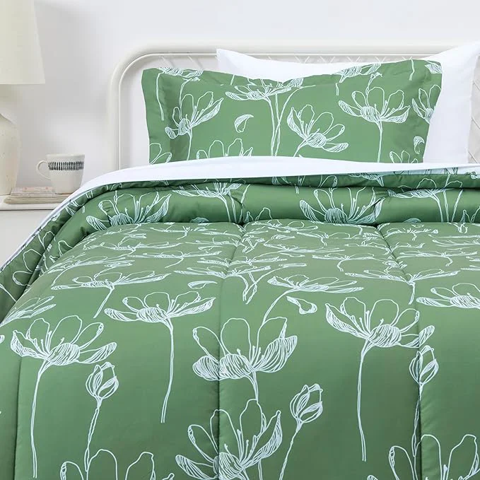 Crafted Amazon Basics Lightweight Microfiber Comforter Sets 5 Pieces Green Floral Twin Twin XL Expertly Made