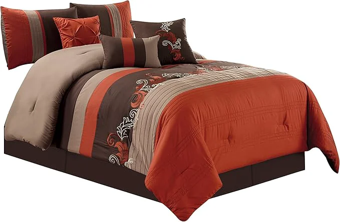 Contemporary Chezmoi Collection Napa 7-Piece Luxury Autumn Leaves Scroll Embroidery Bedding Comforter Set Queen Rust Orange Brown Taupe Dependable