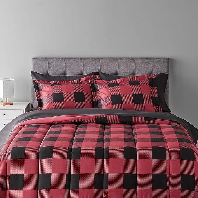 Proven Amazon Basics Full Queen Comforter Set with Sheets 5-Piece Red Buffalo Plaid Bedding Lightweight Microfiber Bed-in-a-Bag User-Friendly