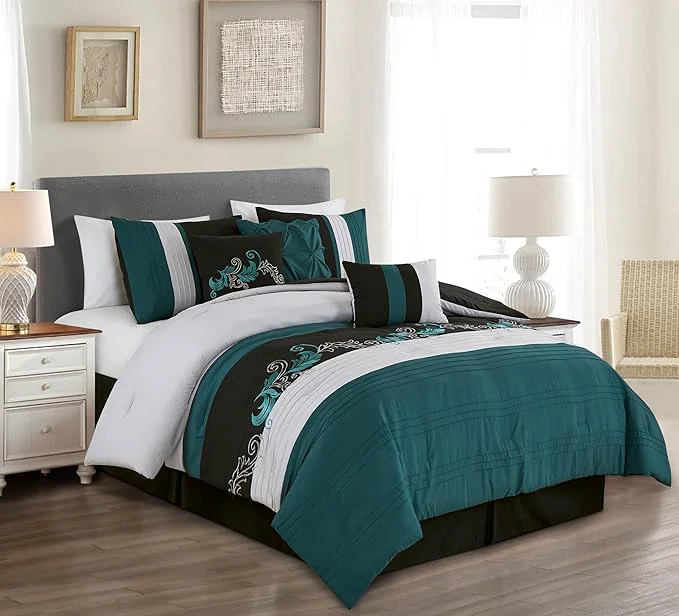 Responsible Chezmoi Collection Napa 7-Piece Luxury Leaves Scroll Embroidery Bedding Comforter Set California King Teal Black Gray Elite