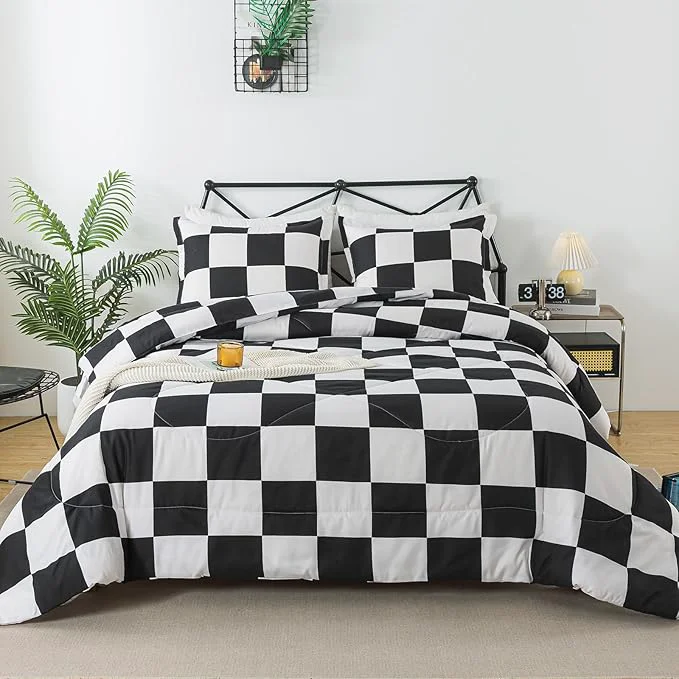 Comfortable Caressma Comforter Set Black White Plaid King Size 104×90 Inch 3 Pieces Checkered Grid Comforter Bedding Set Buffalo Plaid Fluffy Home Decor for All Seasons Official