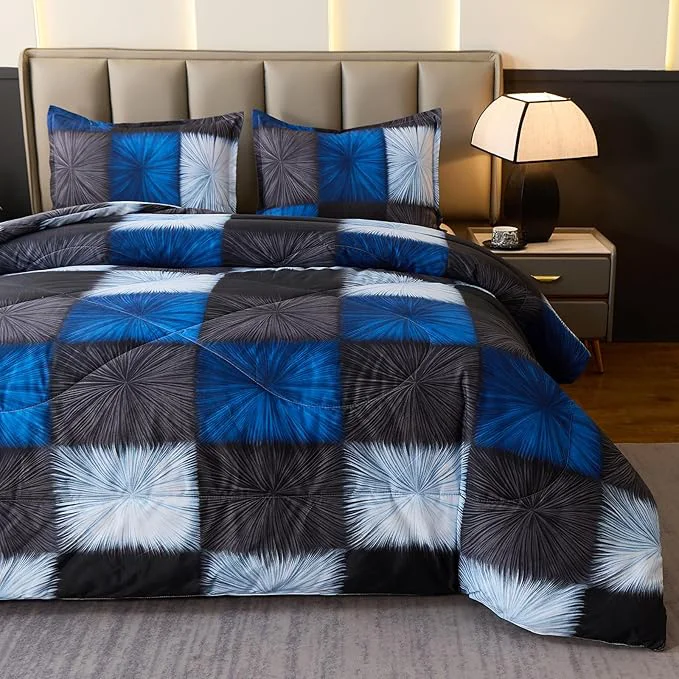 Smart Caressma Plaid Comforter Set Black and Navy Blue Twin Size Black and White Checkered Comforter Bedding Set Fluffy Black Grid Home Decor for All Seasons Natural