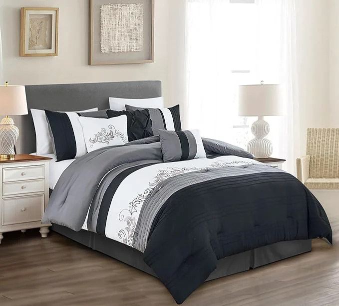 Traditional Chezmoi Collection Napa 7-Piece Luxury Leaves Scroll Embroidery Bedding Comforter Set King Black Gray White Expertly Made