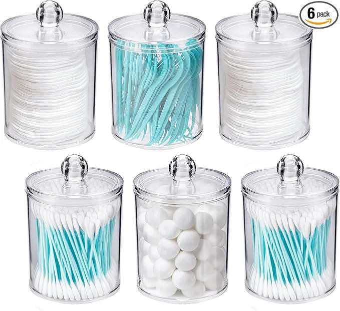 Next-Generation WEISHI 6 Pack Qtip Holder Dispenser -Cotton Ball Round Pads Small Clear Durable