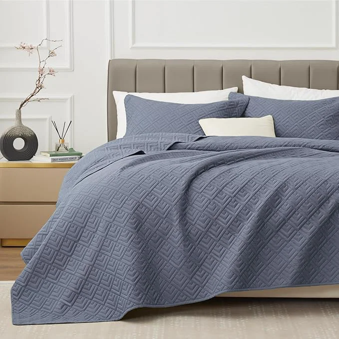 Crafted EXQ Home Quilt Set Full Queen Size Blue 3 Piece Lightweight Soft Coverlet Modern Style Squares Pattern Bedspread Set for All Season 1 Quilt 2 Pillow Shams Specialty