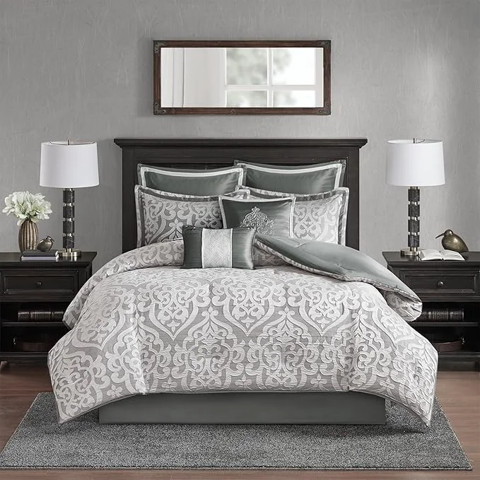 Easy-to-Use Madison Park Odette Cozy Comforter Set Jacquard Damask Medallion Design – Modern All Season Down Bedding Shams Decorative Pillows Queen 90 in x 90 in Silver 8 Piece Genuine