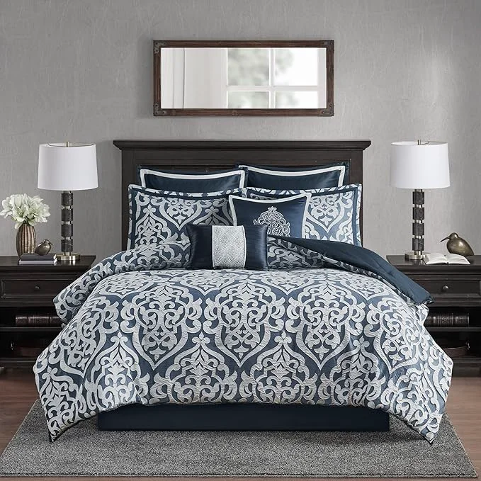 Easy-to-Use Madison Park Odette Cozy Comforter Set Jacquard Damask Medallion Design – Modern All Season Down Bedding Shams Decorative Pillows King 104 in x 92 in Navy 8 Piece Casual