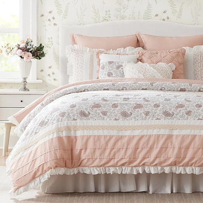 Breathable Madison Park Dawn Cotton Shabby Chic Comforter Set-Modern Cottage Design All Season Down Bedding Matching Shams Bedskirt Decorative Pillows Cal King 104 quot x92 quot Blush 9 Piece Powerful