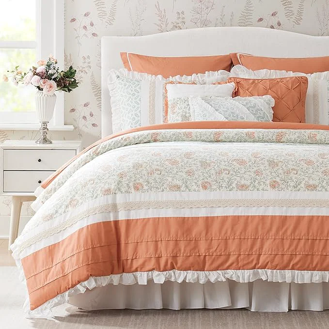 Clean Madison Park Dawn Cotton Shabby Chic Comforter Set-Modern Cottage Design All Season Down Bedding Matching Shams Bedskirt Decorative Pillows King 104 quot x92 quot Coral 9 Piece Smart