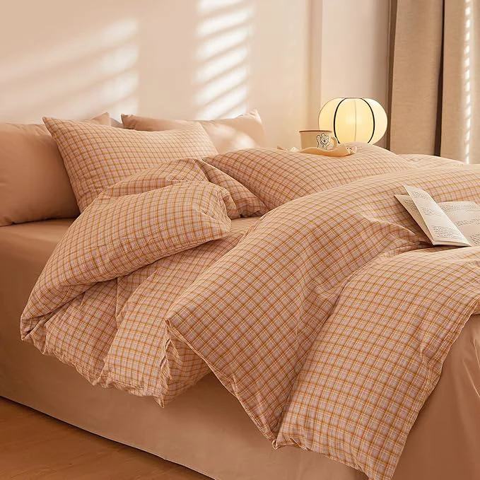 User-Friendly Plaid King Size Comforter Sets Washed Cotton Boho Bedding Set Down Cozy Fluffy Aesthetic Bedding Comforter Sets Soft All Season Farmhouse Comfy Bed Comforter with 2 Pillowcases Quality