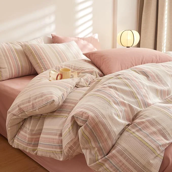 Contemporary Pink Striped Comforter Twin XL Boho Down Bedding Set Washed Cotton Cozy Fluffy Cute Bedding Comforter Sets Chic Soft Breathable Vintage Bed Comforter with 2 Pillowcases Traditional