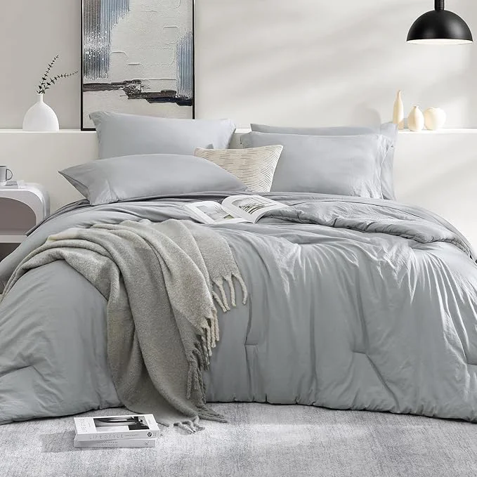 Sustainable WRENSONGE Full Size Comforter Sets- 7 Pieces Soft Light Grey Bed in a Bag with Fitted Sheet Flat Sheet 2 Pillow Shams 2 Pillowcases Warm Bedding Sets for All Season High-Performance