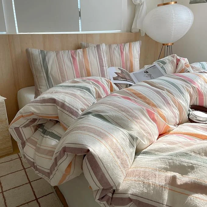 Unique Striped Queen Size Comforter Down Washed Cotton Bedding Set Cozy Boho Fluffy Colorful Bedding Comforter Sets Farmhouse Soft All Season Cute Bed Comforter with 2 Pillowcases Flexible