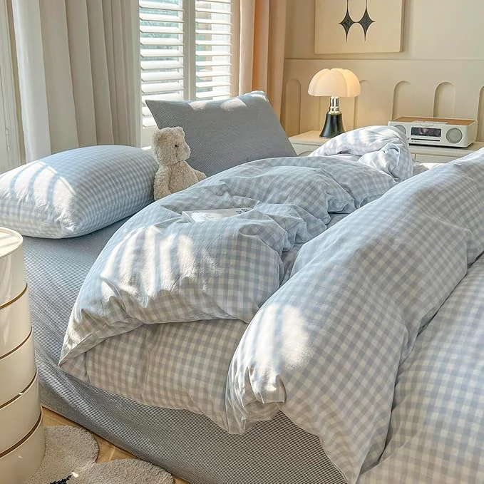 Durable Blue Gingham King Comforter Set Down Washed Cotton Bedding Set Boho Fluffy Cozy Cute Bedding Comforter Sets Soft All Season Farmhouse Plaid Bed Comforter with 2 Pillowcases Convenient