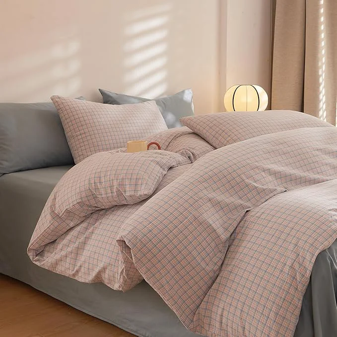 Easy-to-Use Plaid Queen Size Bed Comforter Boho Down Bedding Set Puffy Washed Cotton Fluffy Cozy Bedding Comforter Sets Cottage Core Soft Farmhouse Aesthetic Bed Comforter with 2 Pillowcases Responsible