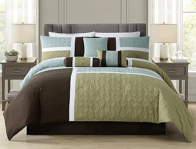 Authentic Chezmoi Collection 7-Piece Quilted Patchwork Comforter Set Coffee Brown Aqua Blue Sage Green King Recyclable