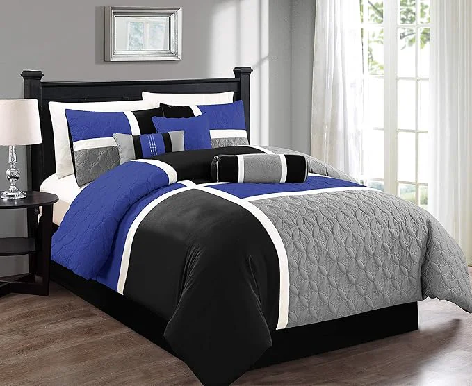 Reliable Chezmoi Collection Upland 7-Piece Quilted Patchwork Comforter Set Blue Black Gray King Trusted