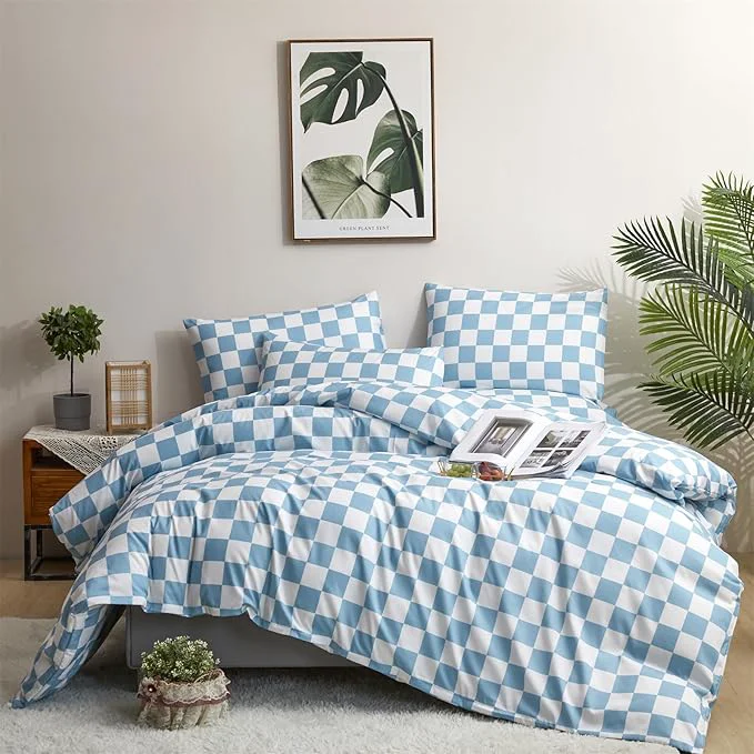 Pure Houseri Light Blue White Plaid Twin Size Comforter Sets Boys Girls Kids Baby Blue Buffalo Checkered Bedding Set Twin Aqua Blue Grid Checkerboard Bedding Comforter Preppy Dorm Check Comforters Twin Efficient