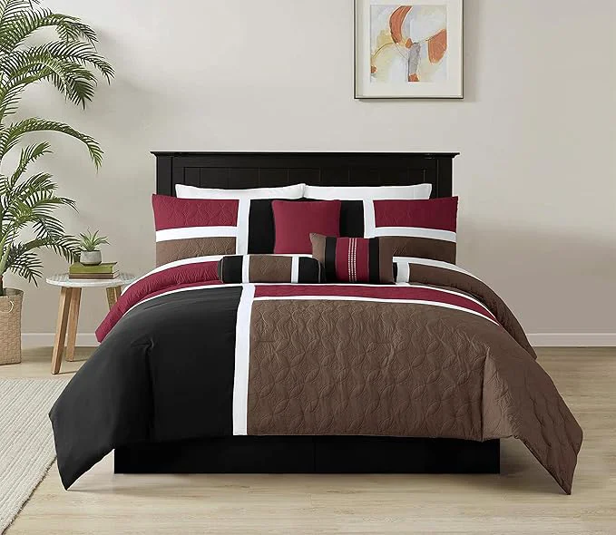 Stylish Chezmoi Collection Upland 7-Piece Quilted Patchwork Comforter Set Burgundy Black Brown King Environmentally Friendly