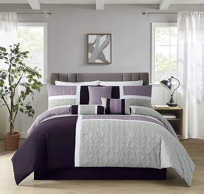 Original Design Chezmoi Collection Upland 7-Piece Quilted Patchwork Comforter Set Lavender Gray Purple California King Responsible