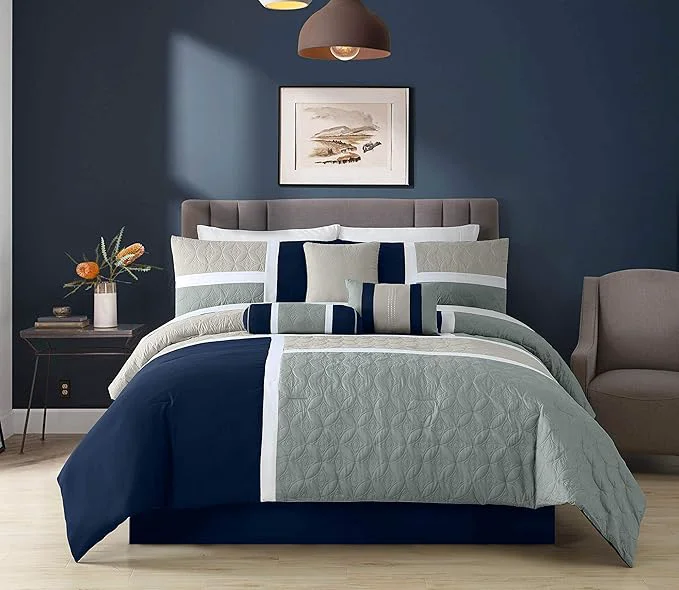 Eco-Friendly Chezmoi Collection Upland 7-Piece Quilted Patchwork Comforter Set Navy Blue Gray Queen Secure