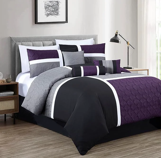 Exclusive Chezmoi Collection Upland 7-Piece Quilted Patchwork Comforter Set Purple Black Gray Oversized King Exceptional