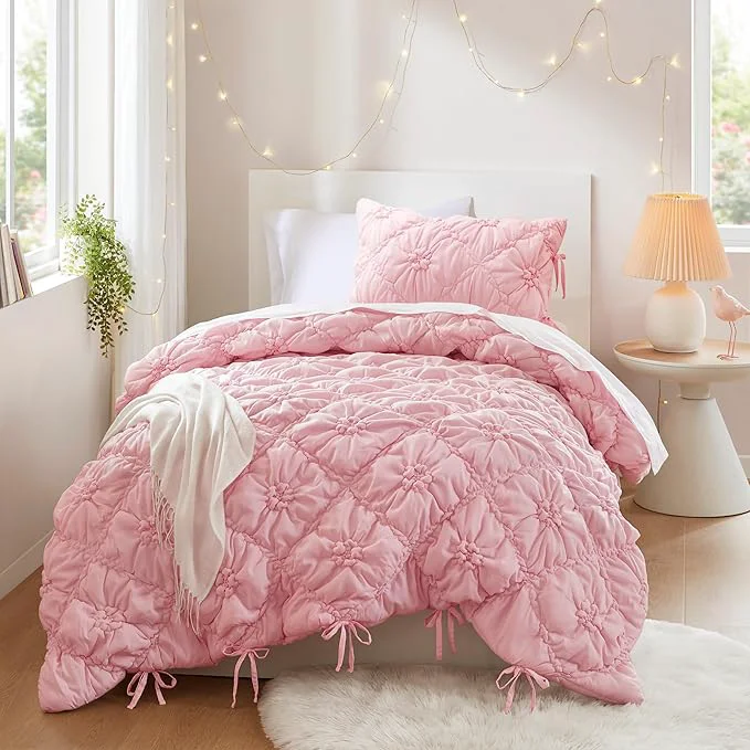 Functional Intelligent Design Twin Comforter Set – Pink Lily Puffy Floral Shabby Chic Boho Bedding for Girls Ultra-Soft Lightweight amp All-Season Twin Flexible