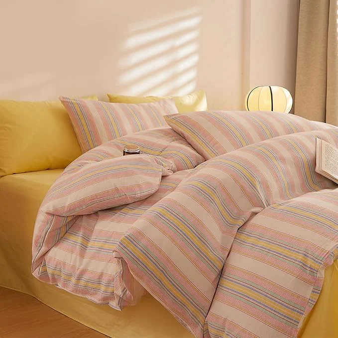Elite Pink and Yellow Striped Bed Comforter Queen Set Fluffy Down Bedding Set Cute Cozy Washed Cotton Bedroom Bedding Comforter Sets Boho Chic Soft Comfy Bed Comforter with 2 Pillowcases Traditional
