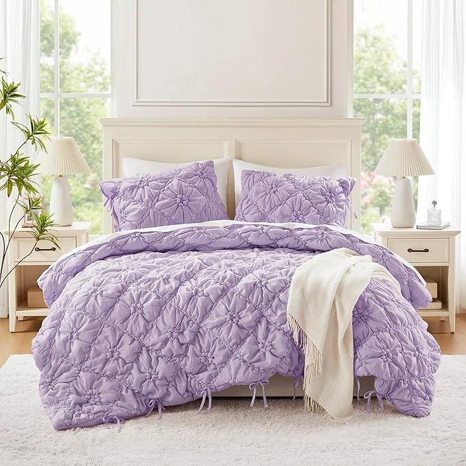 Efficient Intelligent Design King Comforter Set – Purple Lily Puffy Floral Shabby Chic Boho Bedding Comforter Set Pinch Pleat Bedding Sets Ultra-Soft Lightweight amp All-Season King Cal K Functional