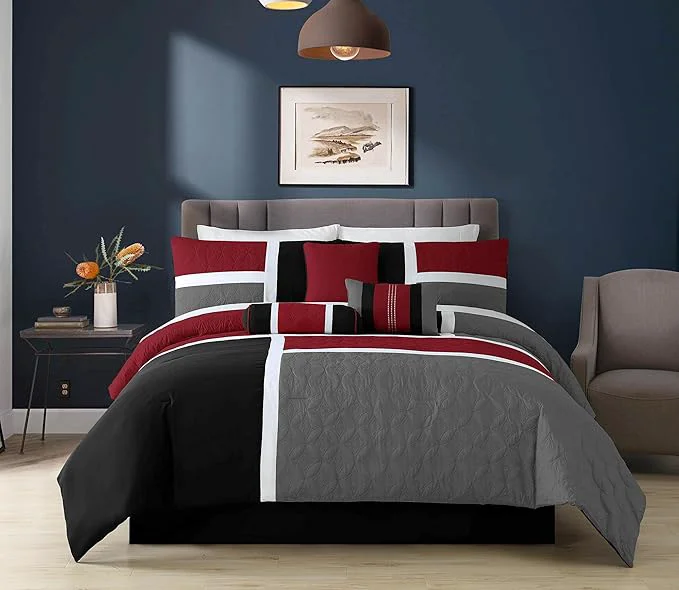 Consistent Chezmoi Collection 7-Piece Quilted Patchwork Comforter Set Red Gray Black Queen Sustainable