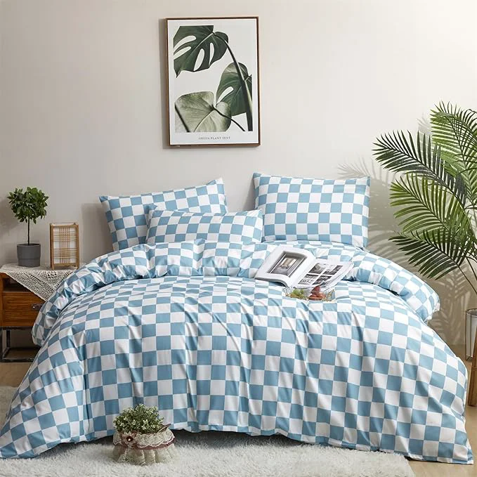 Flexible Houseri Plaid Blue and White Comforter Set – Queen Size Light Blue Checkerboard Bedding – Teen Boys Girls Baby Blue Grid Modern Buffalo Checkered Comforter Smooth