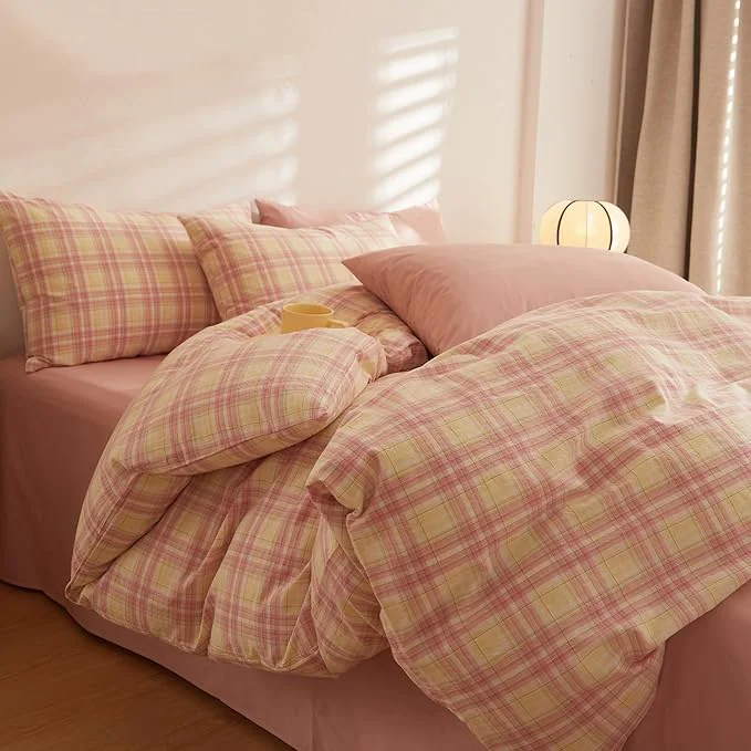 Green Plaid Full Bed Comforter Washed Cotton Boho Bedding Set Down Farmhouse Fluffy Soft Bedding Comforter Sets Washable Cute Cozy All Season Bed Comforter with 2 Pillowcases Selected