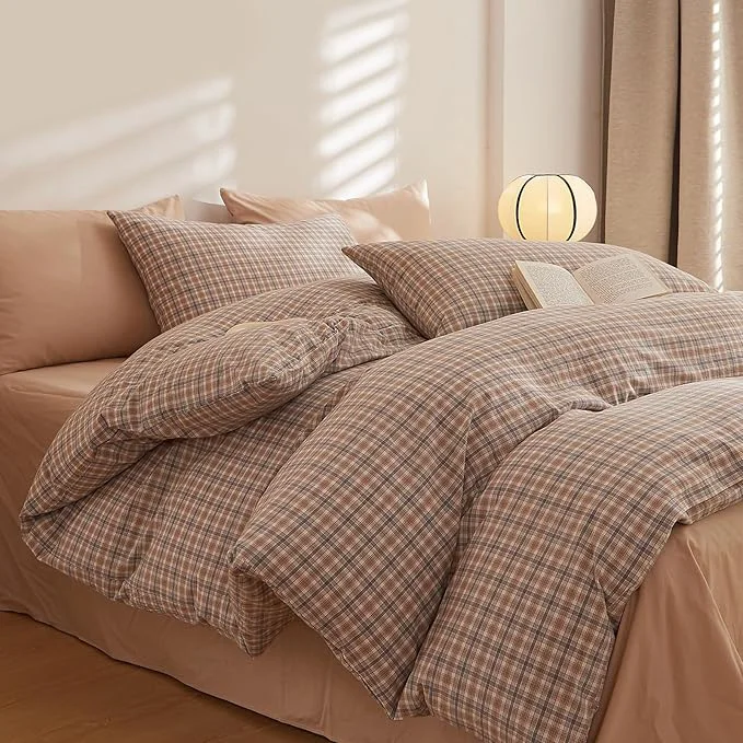 Certified Plaid Comforter Set Twin XL Washed Cotton Down Bedding Set Vintage Farmhouse Fluffy Boho Bedding Comforter Sets Neutral Soft All Season Rustic Bed Comforter with 2 Pillowcases Authentic