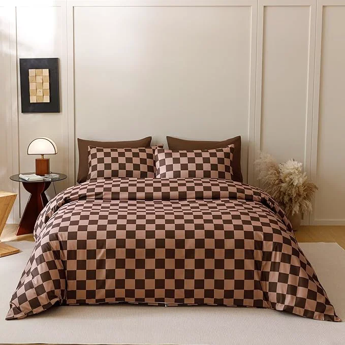 Authentic Houseri Brown Plaid Comforter Set California King Chocolate Coffee Color Chessboard Bedding Sets Mocha Buffalo Checkered Bed Quilt Blanket Cal King Size User-Friendly