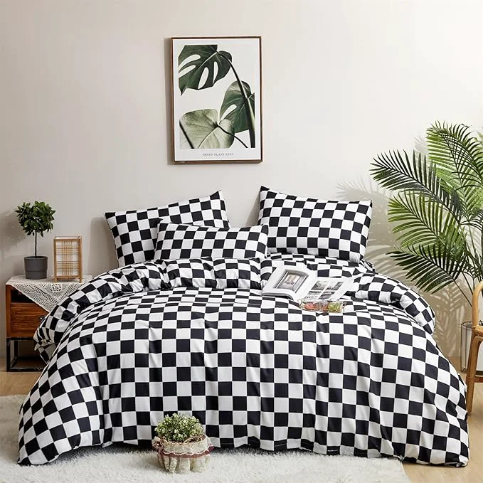World-Class Houseri White Black Plaid Comforter Set Cal King Black and White Checkerboard Comforter California King Size Black Buffalo Checkered Bedding Elegant Grid Gingham Checker Comforter Sets California King Recyclable