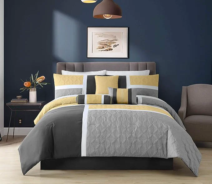 Top-Quality Chezmoi Collection Upland 7-Piece Quilted Patchwork Comforter Set Yellow Charcoal Gray Queen Professional