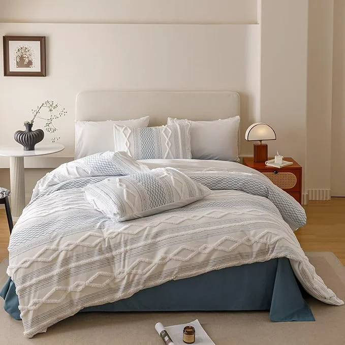 Casual Houseri Tufted Blue Comforter Set King Jacquard Bedding Shabby Chic Farmhouse Bed Sets King Luxury