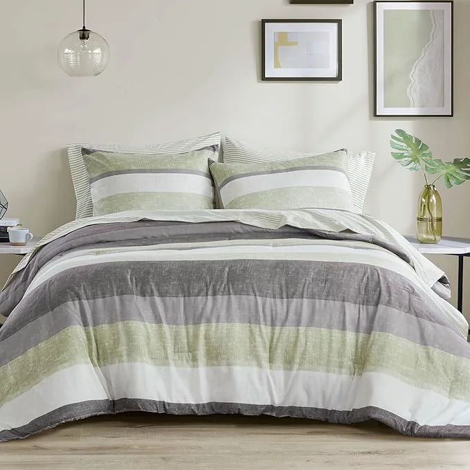 Eco-Friendly Madison Park Essentials Jaxon Twin Comforter Set Bed in A Bag Comforter amp Sheet Set Modern Casual Stripes Print All Seasons Soft Bedding Makeover Matching Sham Twin Green Grey 5 Piece Pure