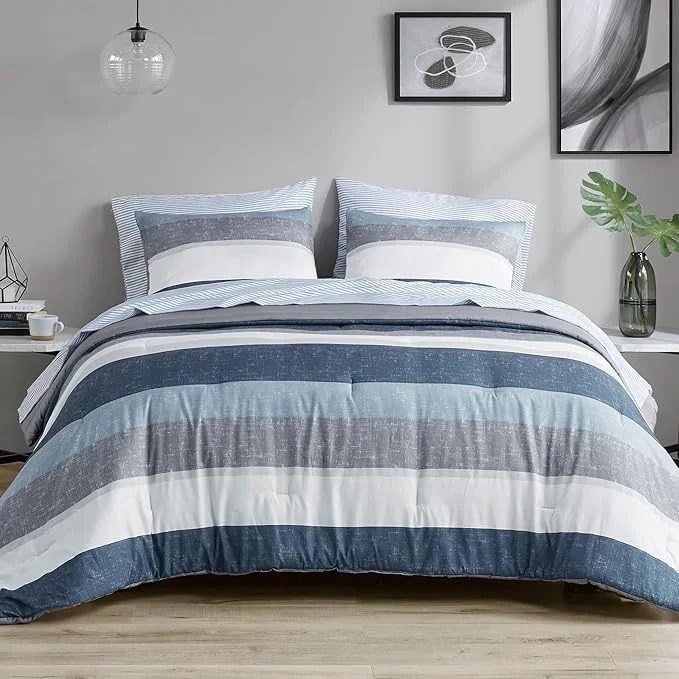 Convenient Madison Park Essentials Jaxon Bed in a Bag Comforter Set with Sheet Printed Stripe Design Modern All Season Bedding and Matching Sham King Blue Grey 7 Piece Durable