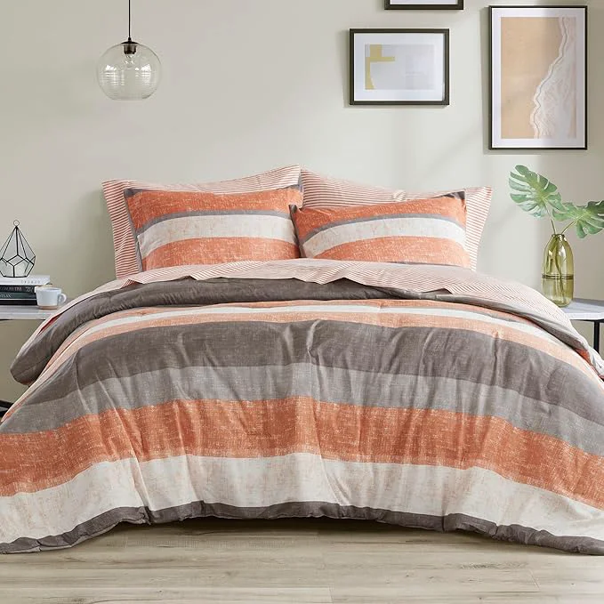 Prestigious Madison Park Essentials Jaxon Twin Comforter Set Bed in A Bag Comforter amp Sheet Set Modern Casual Stripes Print All Seasons Soft Bedding Makeover Matching Sham Twin Coral Grey 5 Piece